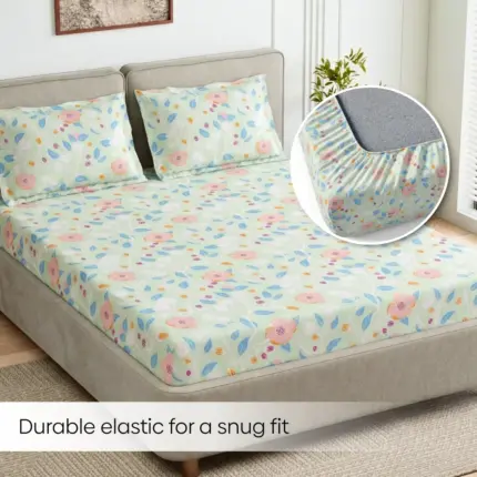 Bloomfield Dawn 100% Combed Cotton King Fitted Bedsheet Set – 186 TC Soft Breathable Bedding with Pillow Covers (Green)