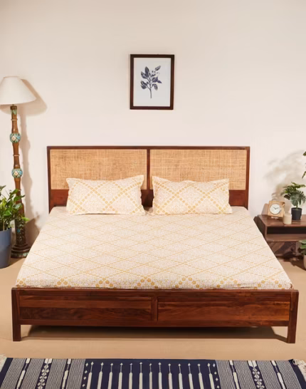 Yellow Cotton Bedsheet Set – Printed Bedding with 2 Pillow Covers  ⸻