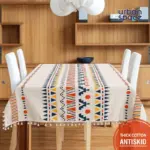 Bohemian Ikat Cotton Table Cover – Multicolor Textured Dining Table Cloth with Tassel Detailing
